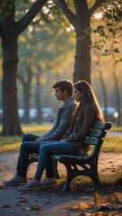 serene moment of a young couple sitting on a park bench during sunset with lush greenery and tall trees in background