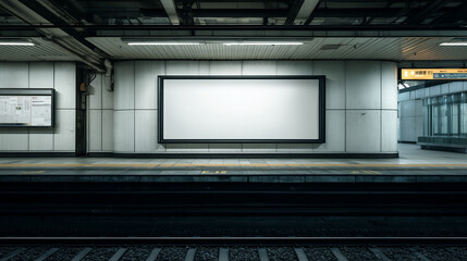 blank white billboard on the platform of a modern train station