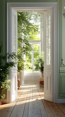 Sunlit Room with Lush Greenery and Classic White Doors