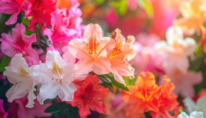 Vibrant rhododendron blooms showcase pink, orange, red, and white blossoms in soft sunlight