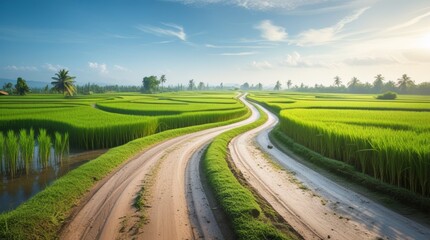 Serene Rural Landscape with winding dirt roads through lush green paddy fields under a bright sky