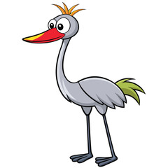 Cartoonish longnecked bird with a red beak and yellow hair stands on a white backdrop