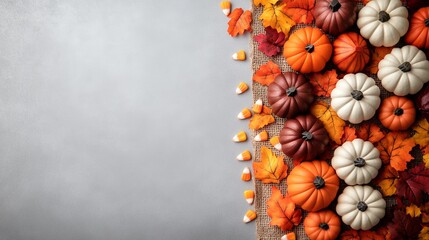 Autumn fall border background with pumpkins, leaves, candy corn on gray for Thanksgiving, Halloween, harvest copy space.
