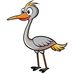 Playful cartoon stork standing upright displays its orange beak and quirky golden feathers