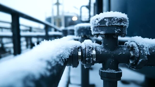 Close-up of frost-covered pipes leading into the LNG storage tank, showcasing the extremely low temperatures necessary for liquefied natural gas storage.