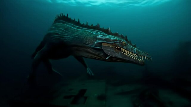 A terrifying aquatic monster with glowing patterns and sharp teeth swims menacingly above a sunken wreck in the deep, dark ocean
