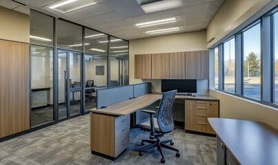 Modern office workspace with light-brown wood furniture, gray dividers, and large windows