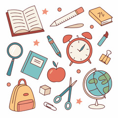 Hand-Drawn School Supplies Vector Set – Doodle Style Educational Elements Collection