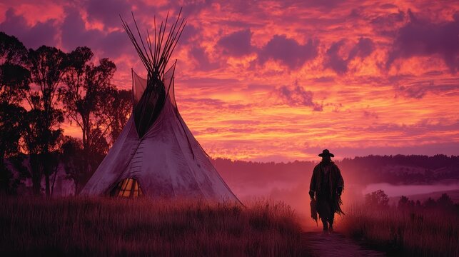 Cowboy silhouette approaches a teepee at sunset in the Wild West landscape.