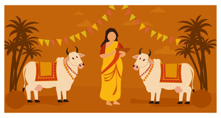 Abundant Happy Pongal Illustration with Traditional Pots and Sugarcane-01