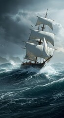 Obraz premium Photo of a Sailing Ship Battling Stormy Waves and Sky in the Ocean