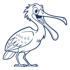 Line art shows happy, cartoon pelican standing with its beak wide open to speak