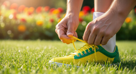 A person is tying their shoe in a grassy field. Concept of calm and relaxation, as the person is taking a break from their daily routine to enjoy the outdoors