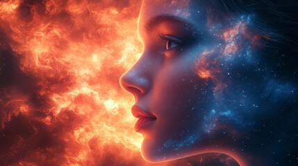 Obraz premium Woman's face with ethereal nebula effects, split between fiery orange and cool blue celestial clouds