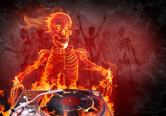 Burning skeleton with dj turntable. 3D render and real fire flames.
