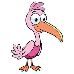 Charming cartoon pink ibis character playfully looks forward with a cheerful expression on a white backdrop