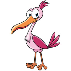 A cheerful cartoon flamingo with big eyes smiles playfully towards the camera
