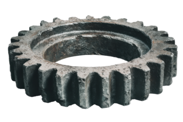 Aged, metal, toothed gear isolated on transparent PNG background