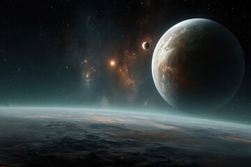 Obraz premium Exoplanet landscape with twin planets and nebula