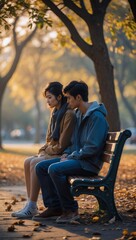 Somber Moment of Youthful Reflection in a Serene Park Setting During Autumn