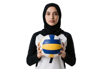 Muslim woman volleyball player holding ball isolated on transparent background