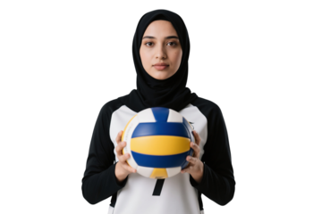 Muslim woman volleyball player holding ball isolated on transparent background