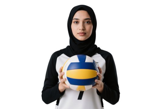 Muslim woman volleyball player holding ball isolated on transparent background