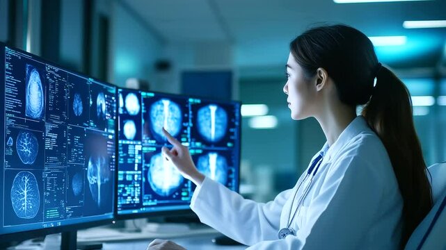 A hospital radiology lab where a radiologist is analyzing AI-processed mammogram images, showing side-by-side comparison with AI annotations highlighting potential risks.
