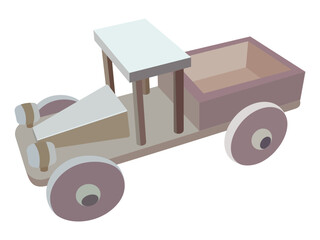 Wooden toy car with open cargo area for kids play on white background
