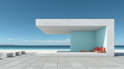 A modern structure with beach and ocean backdrop offers calming retreat space.