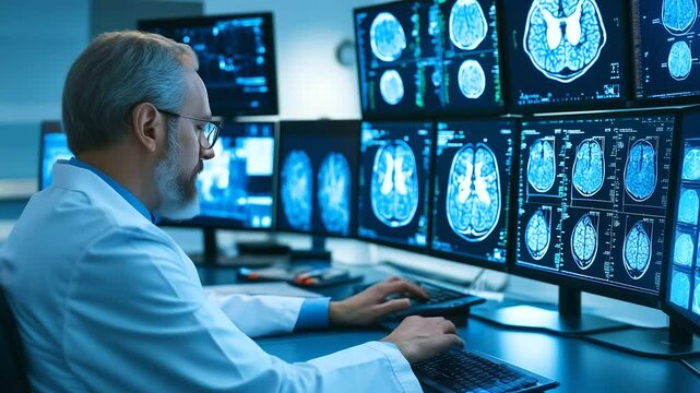 A radiologist using AI tools to cross-reference multiple imaging modalities