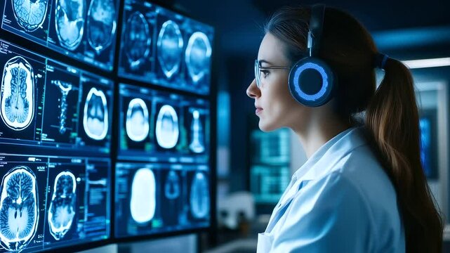 A radiologist using AI tools to cross-reference multiple imaging modalities