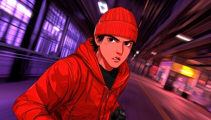 Young Man in Red Hat and Jacket Under Fluorescent Lights in an Urban