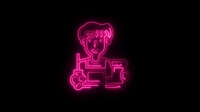 Animated pink neon bartender icon with beer mug on a black background