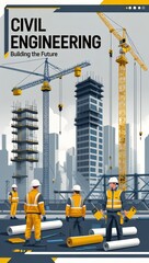 urban construction site with cranes and workers assembling high-rise buildings