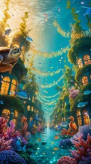 Underwater Wonderland Scene with vibrant coral reefs and fantastical kelp forest