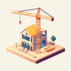 Fototapeta premium House construction site with yellow crane and materials in isometric view