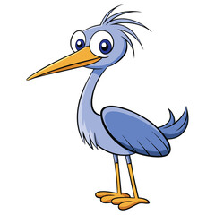 Blue cartoon heron with yellow beak stands facing left against a white background