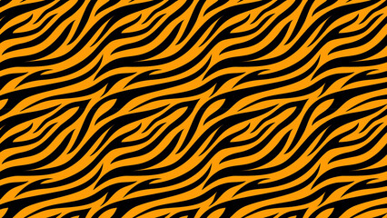 Seamless tiger stripe pattern in orange and black with curved lines and animal print design