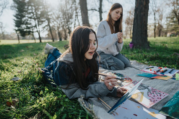 Two young girls engaging in creative artistic activities on a grassy field under the sunlight.