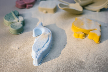 Obraz premium Colorful silicone beach molds in animal shapes scattered on fine sand, lightly dusted with grains, glowing in warm natural sunlight