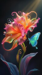 Vibrant fantasy floral with luminous butterfly and swirling tendrils illuminating surreal dark background