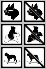 A set of vector stickers with dogs. Made in the form of official signs, the stickers prohibit dogs from skateboarding, riding carousels, and wearing sunglasses.