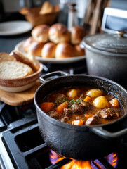Hearty beef stew simmering on stove with fresh bread nearby.
