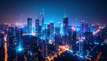 Obraz premium Cityscape at Night: An exciting cityscape at night showcasing connected technology, a bright network spanning across towering buildings.