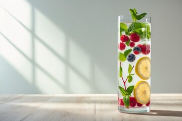 Vibrant Fruit-Infused Water with Fresh Berries and Herbs in a Tall Glass