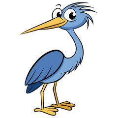 Cartoon blue heron poses cheerfully with a golden beak on a white background