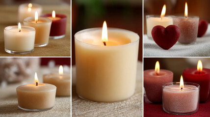 Collage of various lit candles and a heart-shaped ornament.
