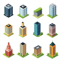 Isometric skyscraper and office tower icons in a modern city layout.