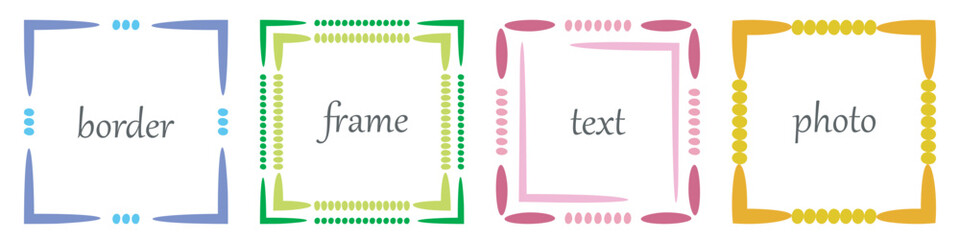 Frame, doodle dot edge border Set. Hand drawn paint brush line stroke, blue pink green multicolour background. Square geometric outline shape. Text copy space. Fun cute modern vector illustration